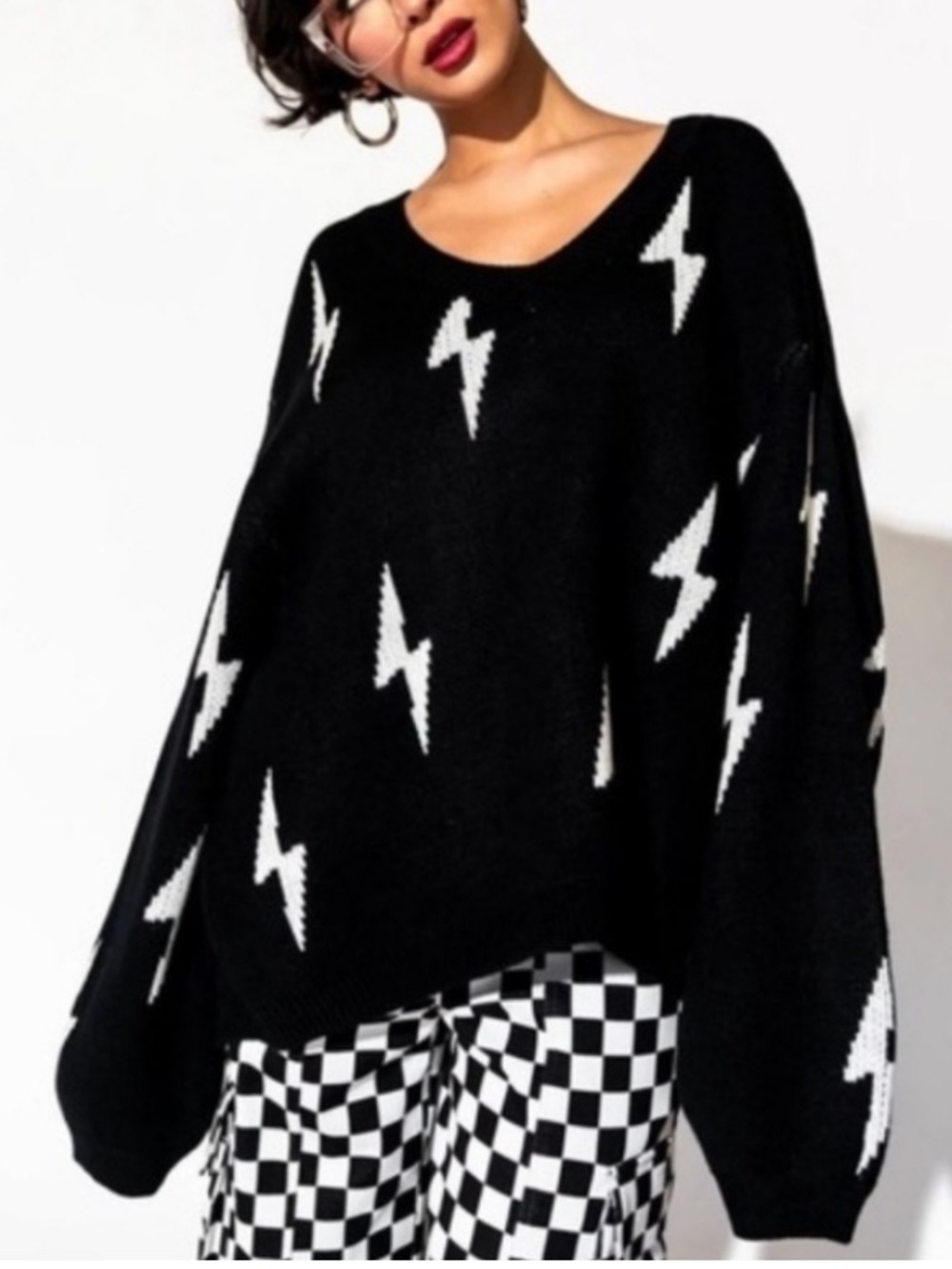 Dressed in LALA Oversized Lightning Bolt Sweater 2X Black & White